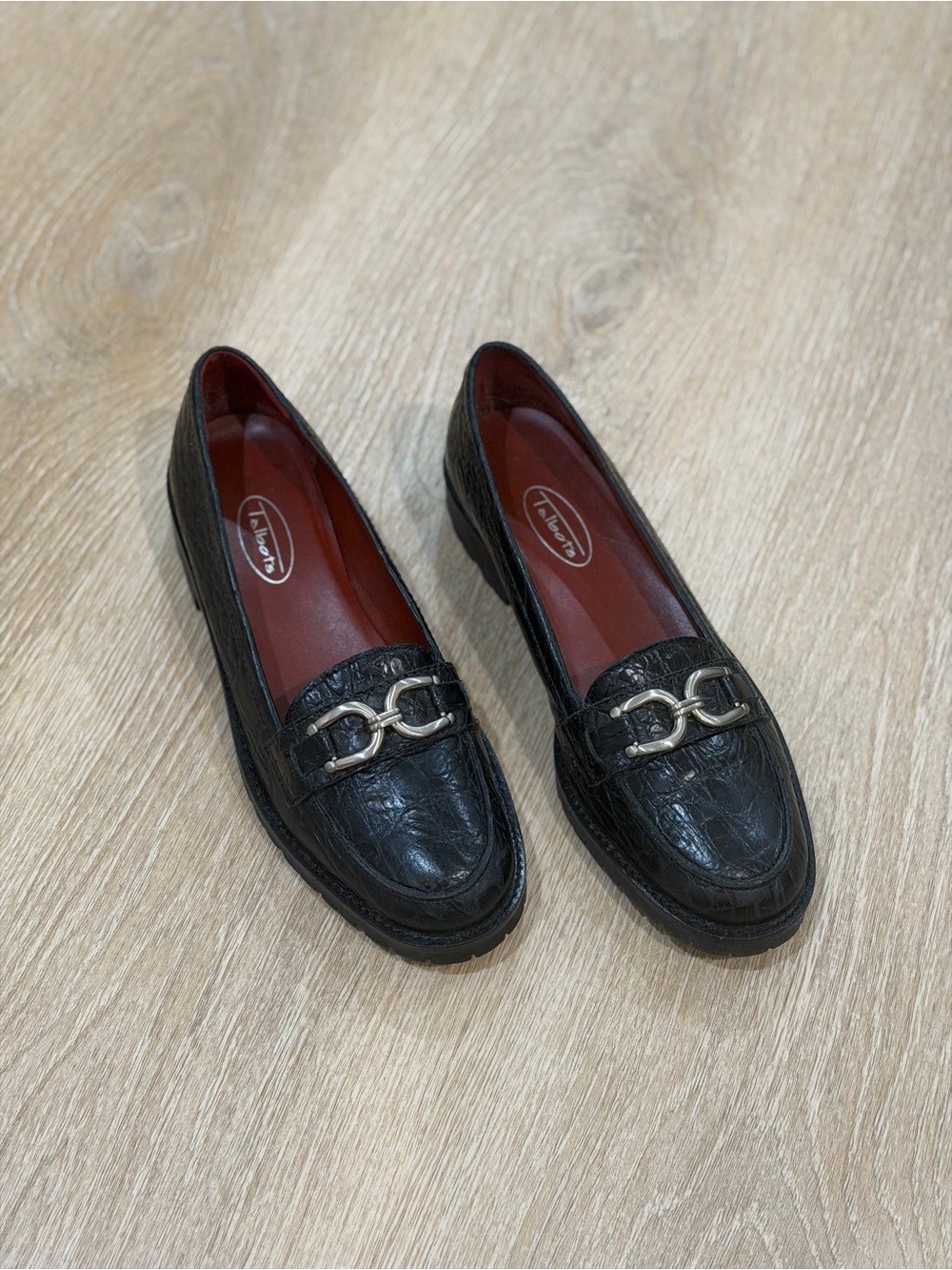 Talbots Black Leather Croc Embossed Horsebit Loafers With Silver Hardware Size 7